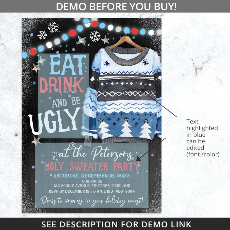 Pu&ograve; includere: Un invito per una festa di maglioni brutti. Il design presenta un'illustrazione ad acquerello di un maglione blu e grigio appeso a una gruccia di legno. Il testo include "Eat Drink and Be Ugly" e i dettagli della festa.