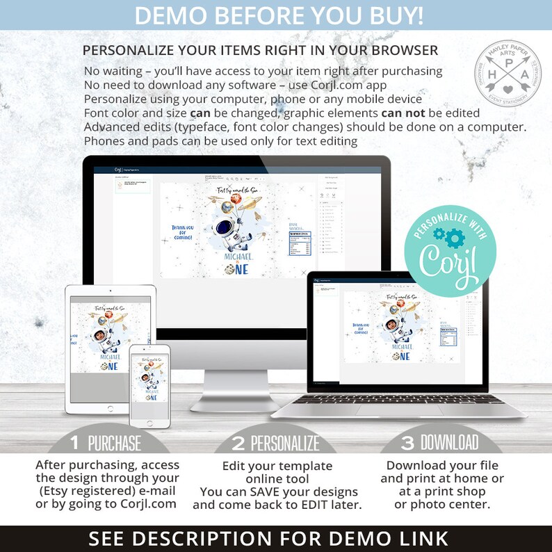 May include: A digital mockup showing how to personalize a printable astronaut-themed first birthday party invitation using the Corjl.com website. The invitation features a cartoon astronaut holding a balloon with the text "To the moon and back".