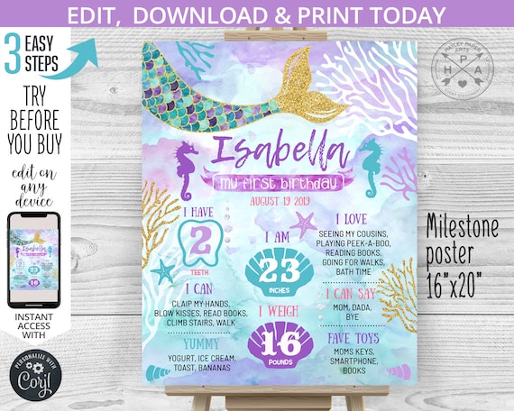 EDITABLE Mermaid milestone stats 1st birthday board. First one under the sea poster sign purple aqua chalkboard editable template. 060HPA 12 Il_570xn