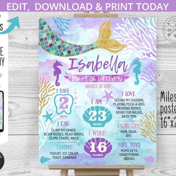 EDITABLE Mermaid milestone stats 1st birthday board. First one poster sign purple aqua chalkboard editable printable 060HPA 12 B