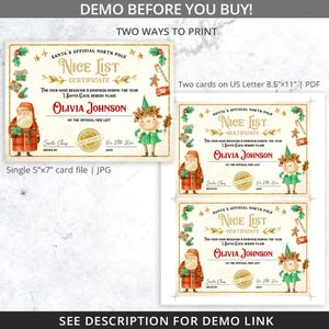 K&ouml;nnte beinhalten: Ein digitaler Weihnachtsdruck mit einem "Nice List Certificate" mit festlichen Illustrationen von Santa Claus und einem Elf. Das Zertifikat enth&auml;lt den Text "Olivia Johnson" und ist in zwei Druckformaten erh&auml;ltlich: eine einzelne 5"x7"-Karte und zwei Karten auf US Letter 8,5"x11" PDF.