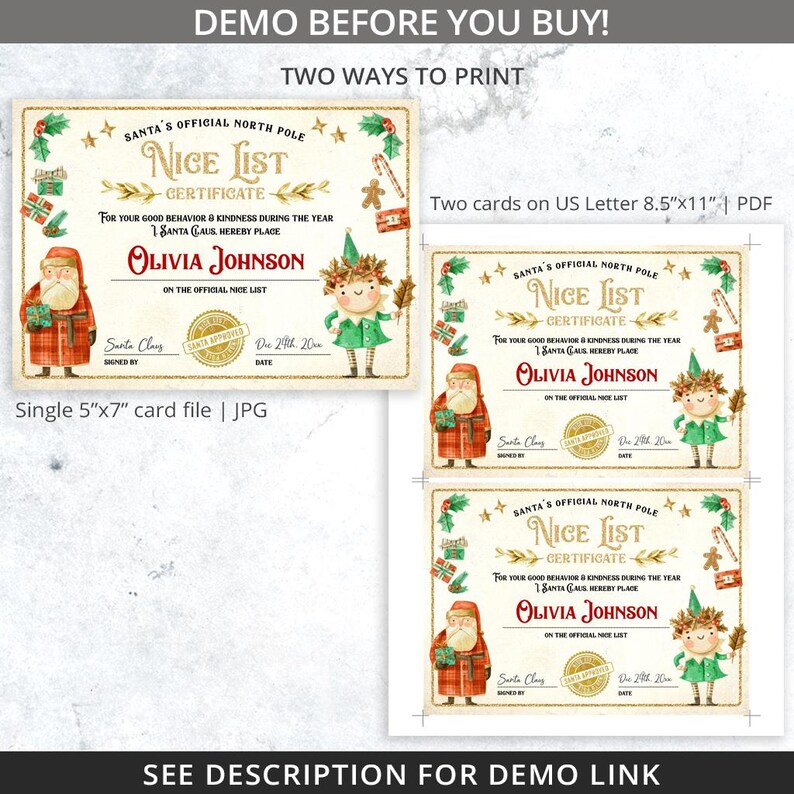 K&ouml;nnte beinhalten: Ein digitaler Weihnachtsdruck mit einem "Nice List Certificate" mit festlichen Illustrationen von Santa Claus und einem Elf. Das Zertifikat enth&auml;lt den Text "Olivia Johnson" und ist in zwei Druckformaten erh&auml;ltlich: eine einzelne 5"x7"-Karte und zwei Karten auf US Letter 8,5"x11" PDF.