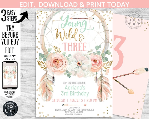 EDITABLE Third birthday dreamcatcher pink gold floral boho girl party invitation. Instant access to the template. Edited by you. 035HPA 02 Il_570xn