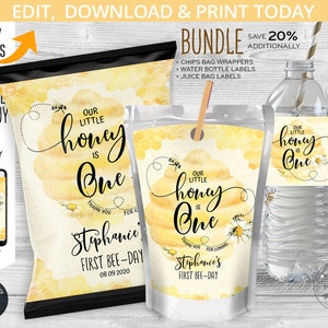 Bee honey 1st birthday bundle, bee first birthday pack, bee sweet party chips bag, juice water labels, bees favors. Printables. 059HPA 42