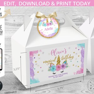 May include: A white favor box with a unicorn design and the text "Olivia's magical birthday" and "Thank you for coming to my party". The box is 5.75 inches wide and 3.25 inches tall.