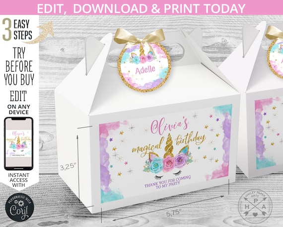 editable unicorn birthday gable gift box labels and tags etsy