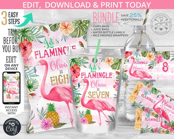 BUNDLE Flamingo chips bag, juice bags, water bottle labels, chocolate bar wrapper any age birthday favors. Editable template. 044HPA 24 Il_570xn