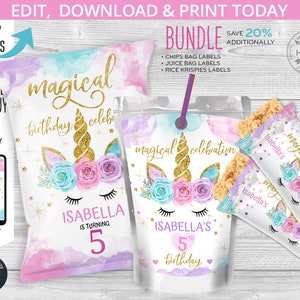 May include: A printable set of unicorn-themed party labels for chips, juice boxes, and Rice Krispies treats. The labels feature a watercolor unicorn with a gold horn, pink and blue flowers, and the text "magical birthday celebration".