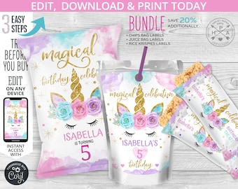 BUNDLE Unicorn magical chip and juice bag, snacks treat bags, rice krispies labels, chips pouch, favors, self editable template. 046HPA 21