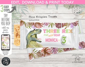 Three rex dinosaur rice krispies treats labels dino T-Rex wrapper third birthday favors krispy crispy treat. Editable printable. 137HPA 32 A