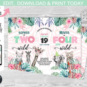 Safari joint party Wild girl TWO girl FOUR birthday invitation first 1st 4th jungle sisters animals greenery. Editable template. 125HPA 29