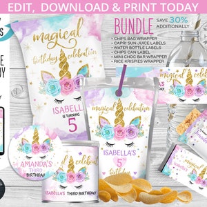 BÜNDEL Einhorn magische Chips Tasche, Wasserflasche, Reis Krispies, Schokoriegel, Saft Etiketten, Chips Dose, selbst editierbare printable 046HPA 51