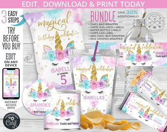 BUNDLE Unicorn magical chip bag, water bottle, rice krispies, chocolate bar, juice labels, chips can, self editable printable 046HPA 51