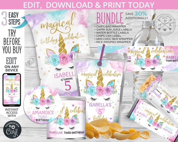 BUNDLE Unicorn magical chip bag, water bottle, rice krispies, chocolate bar, juice labels, chips can, self editable printable 046HPA 51 Il_570xn