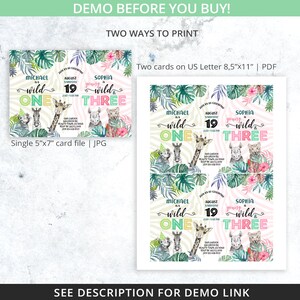 May include: Two printable invitations for a first birthday party. The invitations feature a jungle theme with a zebra print background, green leaves, and animal illustrations. The text on the invitations reads "Join us to celebrate Michael is wild one" and "Join us to celebrate Sophia is young & wild three".