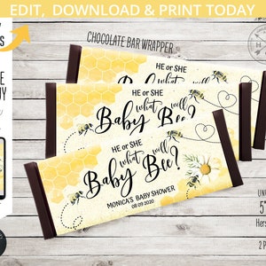 Bee gender reveal baby shower chocolate candy bar wrapper he or she honey party thank you favor treat. Self-editable printable. 049HPA 16 B image 1