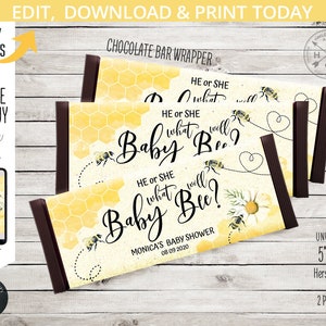 May include: A printable chocolate bar wrapper with a yellow and white honeycomb pattern and a bee illustration. The text reads "He or She What Will Baby Bee?" and "Monica's Baby Shower 08 09 2020".