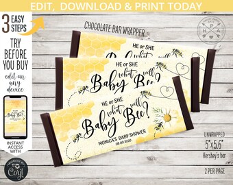 Bee gender reveal baby shower chocolate candy bar wrapper he or she honey party thank you favor treat. Self-editable printable. 049HPA 16 B