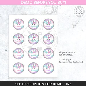 May include: Printable unicorn-themed stickers with glitter accents. The stickers feature a unicorn with a pink and blue background and the names "Adelle", "Robert", and "Emily".