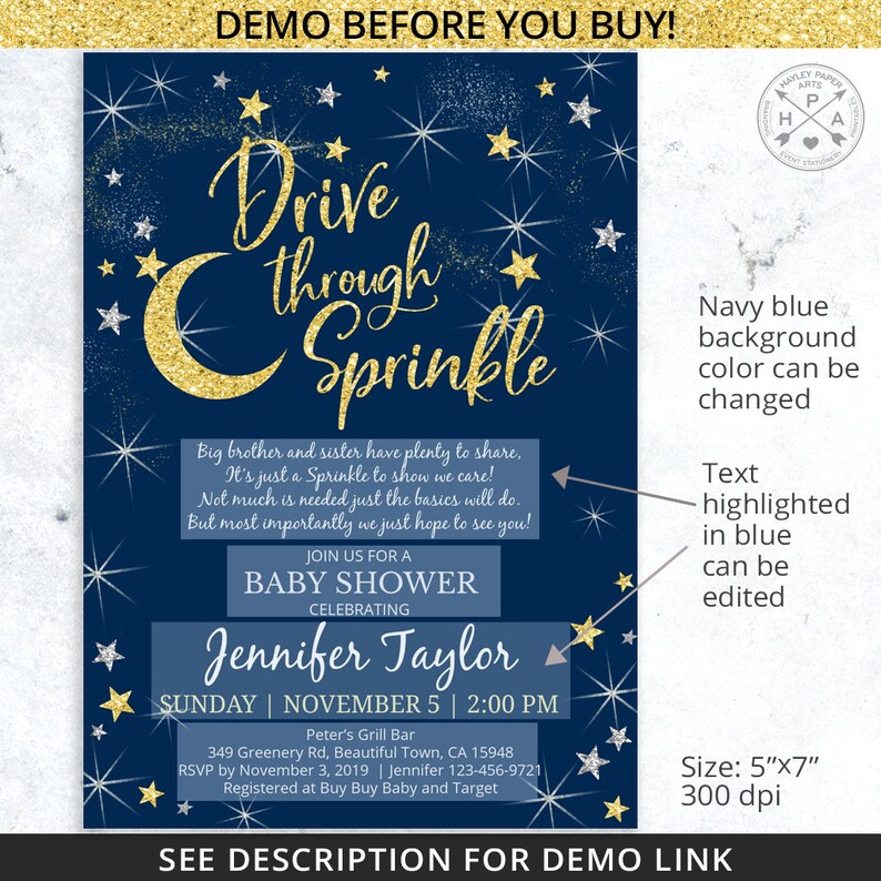 EDITABLE Drive Through Sprinkle Baby Shower Poem Gold Navy Etsy