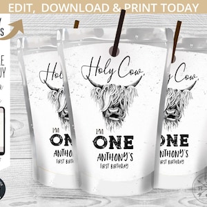 Holy cow I&#39;m ONE juice bag label, highland cow capri juice bags, black white pouch, first birthday party. Editable printable. 209HPA 31 H