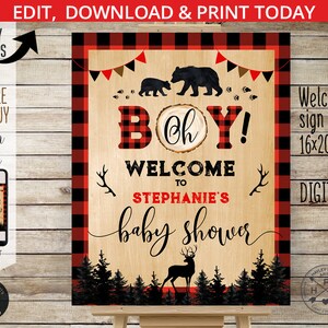 May include: A digital printable sign for a baby shower. The sign is a rustic wood design with a red and black buffalo plaid border. The text on the sign reads "Oh Boy! Welcome to Stephanie's Baby Shower".