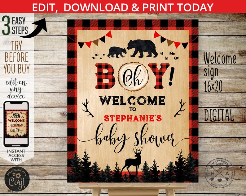 May include: A digital printable sign for a baby shower. The sign is a rustic wood design with a red and black buffalo plaid border. The text on the sign reads "Oh Boy! Welcome to Stephanie's Baby Shower".