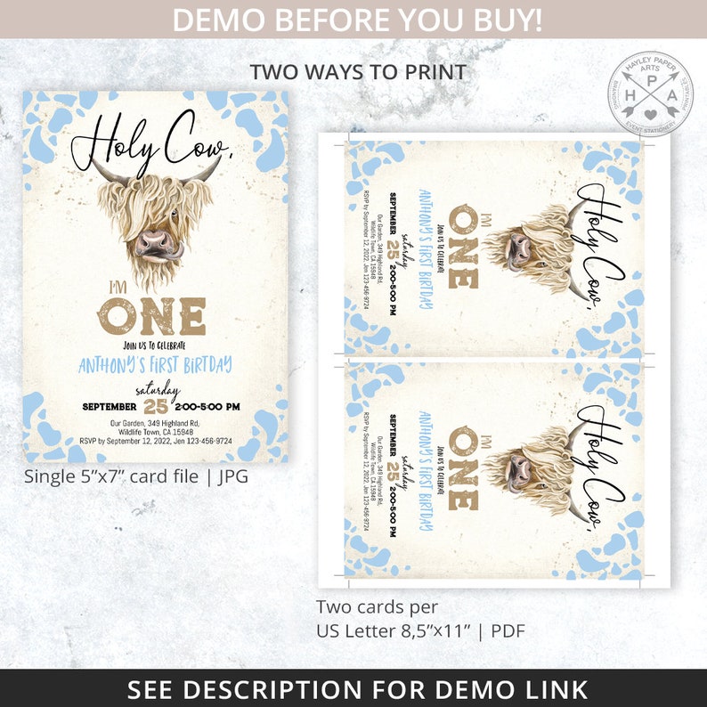 Puede incluir: Una invitaci&oacute;n imprimible para un primer cumplea&ntilde;os. La invitaci&oacute;n presenta una vaca de las tierras altas de dibujos animados con el texto "Holy Cow, I'm One" y un fondo de estampado de vaca azul y blanco. La invitaci&oacute;n incluye la fecha, la hora y el lugar de la fiesta.