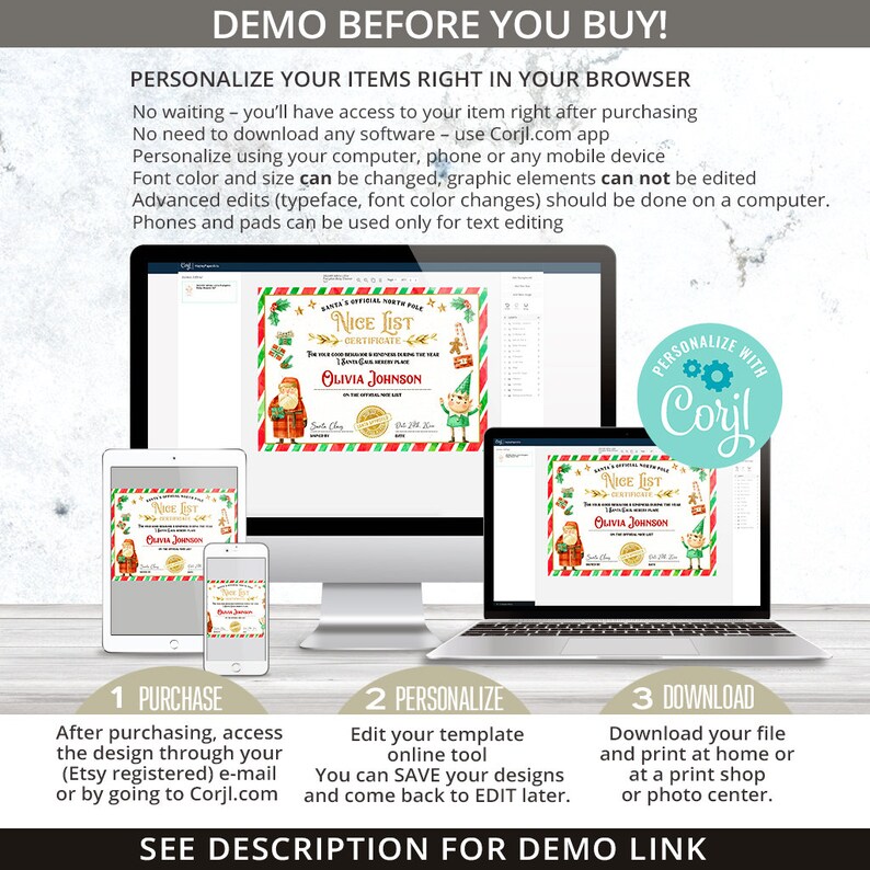 May include: A digital printable certificate template for a child's "Nice List" certificate. The certificate features a red and green striped border, a cartoon Santa Claus and elf, and the text "Santa's Official North Pole Nice List Certificate". The certificate is customizable using the Corjl.com app.