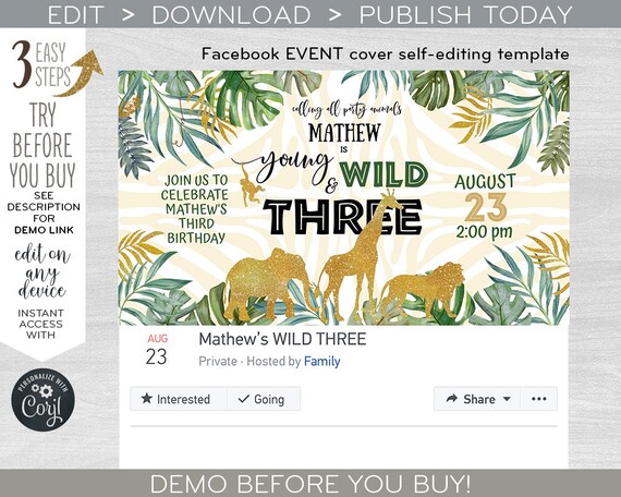 Jungle wild three facebook event cover, social media party banner, gold safari animals birthday invitation. Instant download. F040 D 040HPA Il_570xn