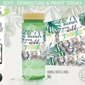 EDITABLE Safari etiquetas de botellas de burbujas animales dorados selva salvaje tres vegetación tercer 3er cumpleaños. Acceso instantáneo a la plantilla. 124HPA 32C