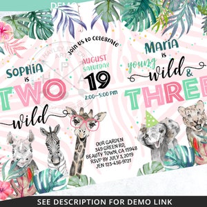 May include: A pink and green birthday invitation with a jungle theme. The invitation says "Sophia is Two Wild" and "Maria is Young Wild & Three". It includes a giraffe, zebra, rhino, elephant, and lion.