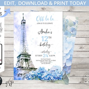 Paris eiffel tower bohemian birthday teen girl french ohh la la invitation, bonjour parisian party blue boho. Editable printable. 236HPA 07