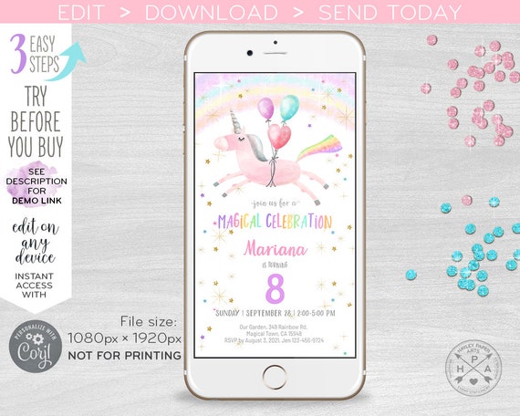 Unicorn rainbow electronic birthday invitation balloons magic any age party, smartphone e-vite, digital invite. Selfediting. E190 02 190HPA Il_570xn