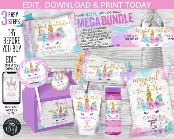 MEGA BUNDLE Unicorn tail birthday party pack, chips bags, juice, rice krispies wrappers, bottle labels. Editable printables. 046HPA 52 Il_570xn