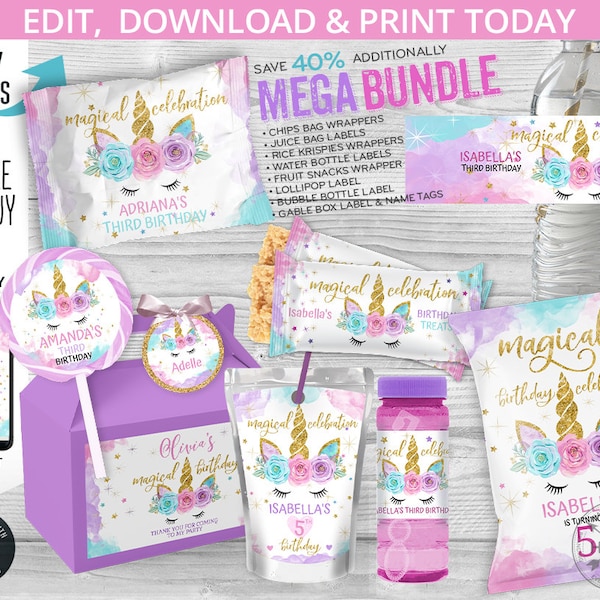 Unicorn birthday bundle party pack, chips bags, juice, rice krispies, tags, magical unicorn, bottle labels. Editable printables. 046HPA 52