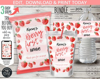 BUNDLE Strawberries berry first chips bag, juice label, water bottle, treats favor wrapper ONE girl birthday. Editable printables. 223HPA 43