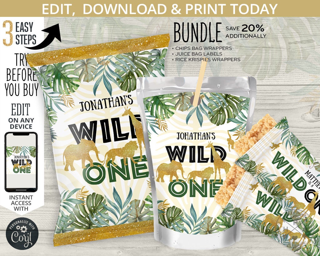 Jungle Safari Wild One Birthday Chip Bag Digital File DIY