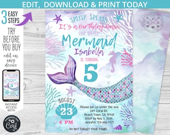 Mermaid birthday invitation purple teal aqua coral b-day girl summer party invite invitations. Editable template. 060HPA 01