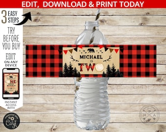Lumberjack water bottle label TWO red black plaid flannel second birthday bear woodland antlers labels. Editable printable. 133HPA 12 B