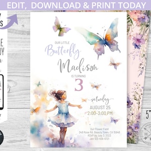 Schmetterling Geburtstag Mädchen Einladung, Aquarell kleine Schmetterlinge boho pastell lila rosa verträumt einladen. Bearbeitbar druckbar. 235HPA 01