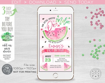 Watermelon one in a melon electronic first birthday invitation smartphone e-vite pink digital invite. Instant download. E050 01 050HPA