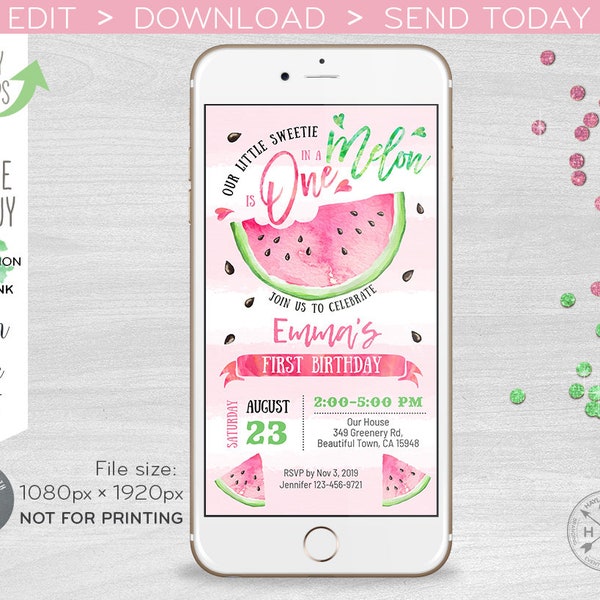 Watermelon one in a melon electronic first birthday invitation smartphone e-vite pink digital invite. Instant download. E050 01 050HPA