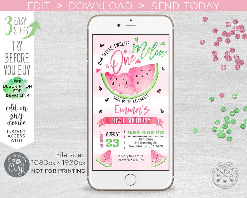 Watermelon one in a melon electronic first birthday invitation smartphone e-vite pink digital invite. Instant download. E050 01 050HPA image 1