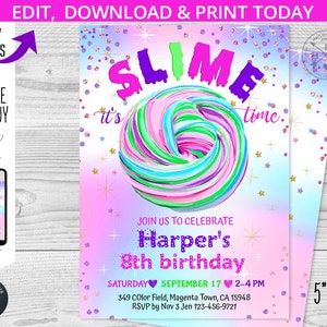 Slime party invitation birthday slime making purple pink sparkle glitter 5x7 invite invitations. Instant. Editable template. 048HPA 01