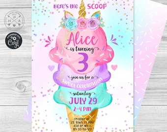 Ice cream unicorn birthday invitation purple pink aqua girl summer party icecream invite. Editable printables. 128HPA 01