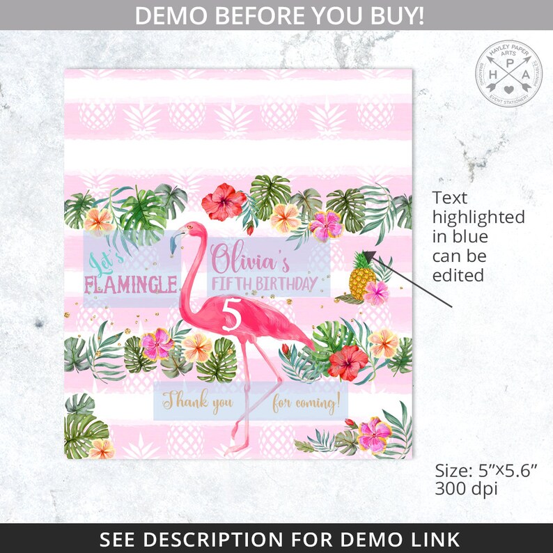 May include: Pink flamingo with a tropical floral background. The text "Let's Flamingle" and "Olivia's Fifth Birthday" are on the image. The image is 5 inches by 5.6 inches and 300 dpi.