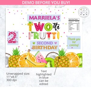 Peut inclure: Une invitation imprimable color&eacute;e pour une f&ecirc;te de deuxi&egrave;me anniversaire. L'invitation est sur le th&egrave;me des fruits avec les mots "Two-th Frutti" et "Second Birthday". L'invitation mesure 11 pouces par 8,5 pouces et 300 dpi.