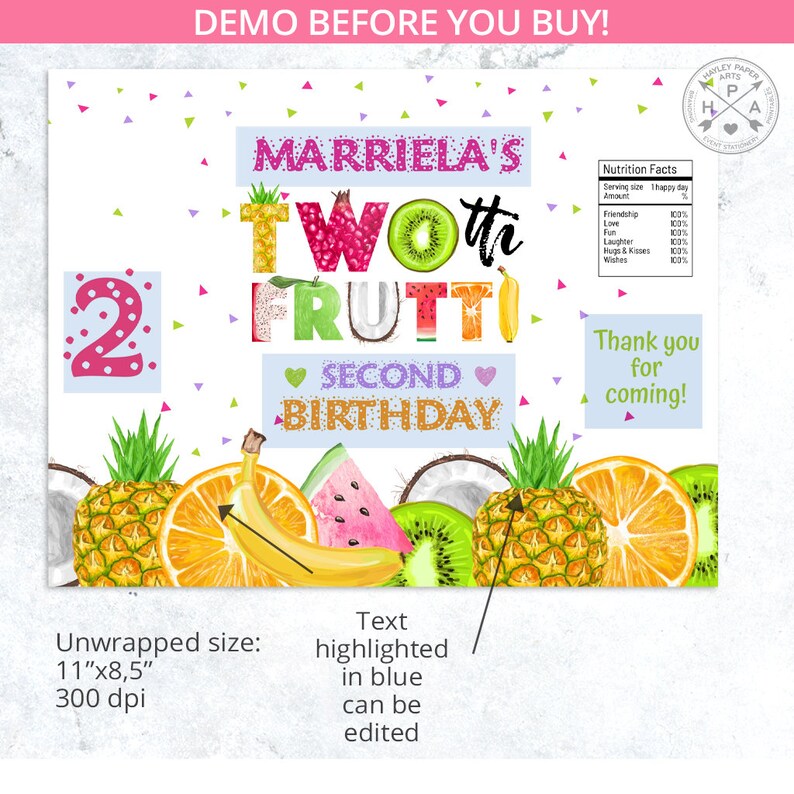Peut inclure: Une invitation imprimable color&eacute;e pour une f&ecirc;te de deuxi&egrave;me anniversaire. L'invitation est sur le th&egrave;me des fruits avec les mots "Two-th Frutti" et "Second Birthday". L'invitation mesure 11 pouces par 8,5 pouces et 300 dpi.