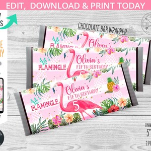 May include: Printable chocolate bar wrapper featuring a pink flamingo with the text "Let's Flamingle" and "Olivia's Fifth Birthday". The wrapper has a pink and white striped background with tropical flowers and leaves.